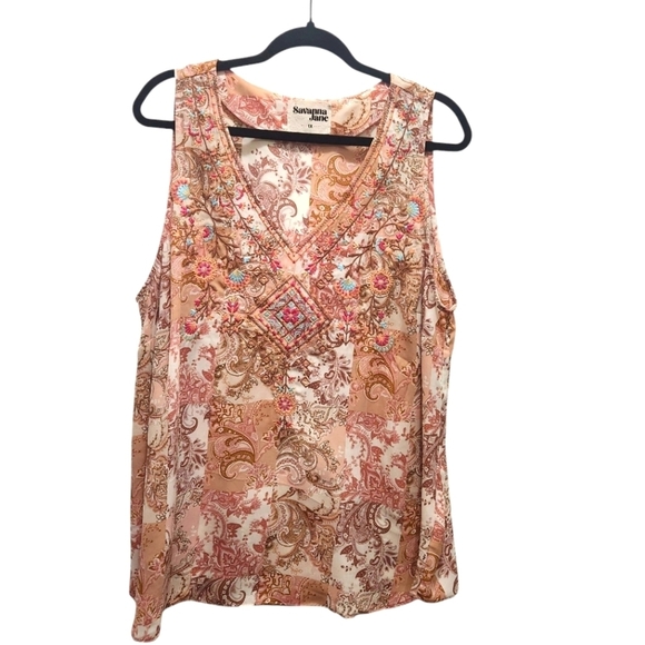Savanna Jane Sleeveless Top Tank Blouse Paisley Floral Embroidered Beige Plus 1X - Picture 1 of 5